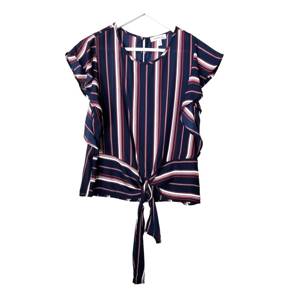 MONTEAU Striped Flutter Sleeve Front Bow Tie Blouse Navy Blue Red White Sz M - Picture 5 of 9